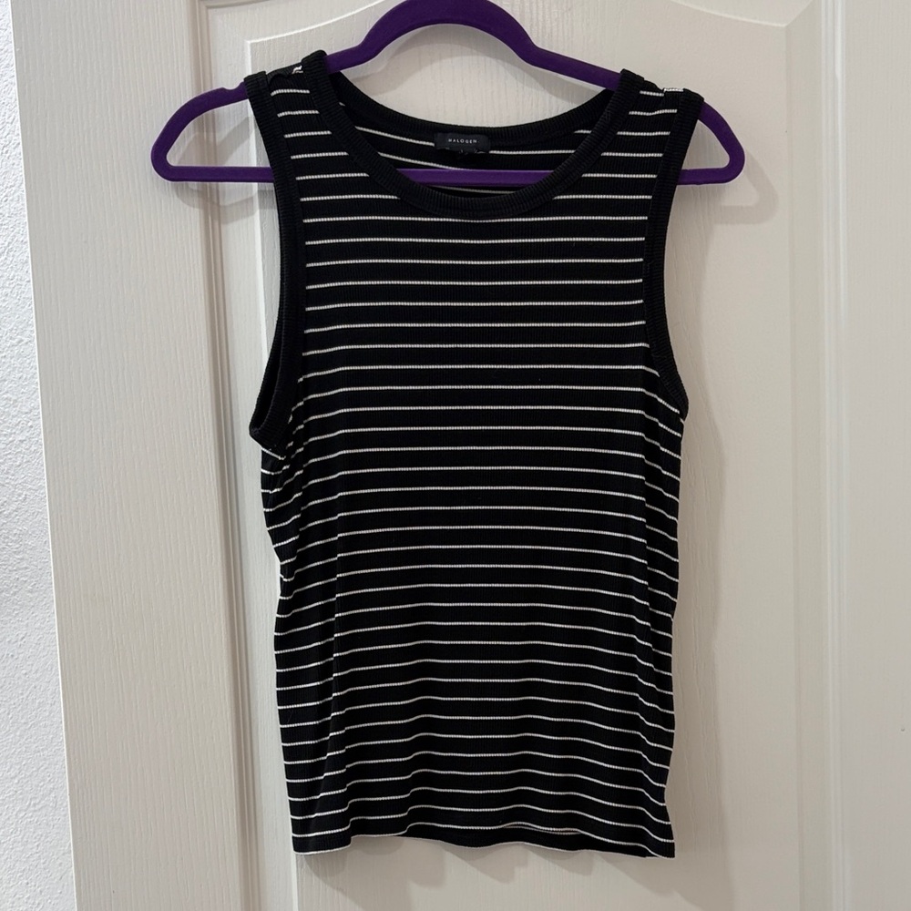 Halogen Black and White Striped Ribbed Tank